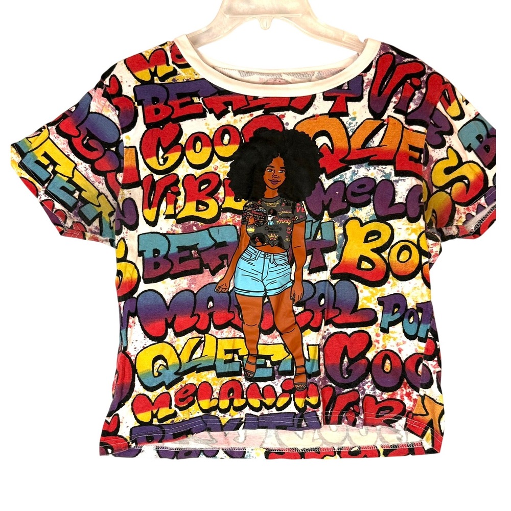 On Fire Graphic Tee Women's Large Afro‎ Art Graffiti Streetwear Cotton Top